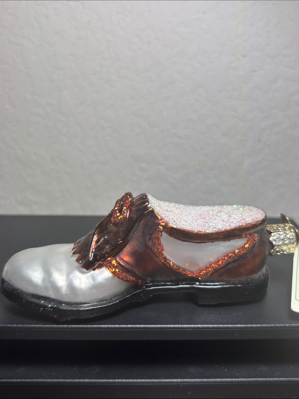 Old World Christmas- Glass Shoe Holiday Ornament in Silver and Copper Glitter